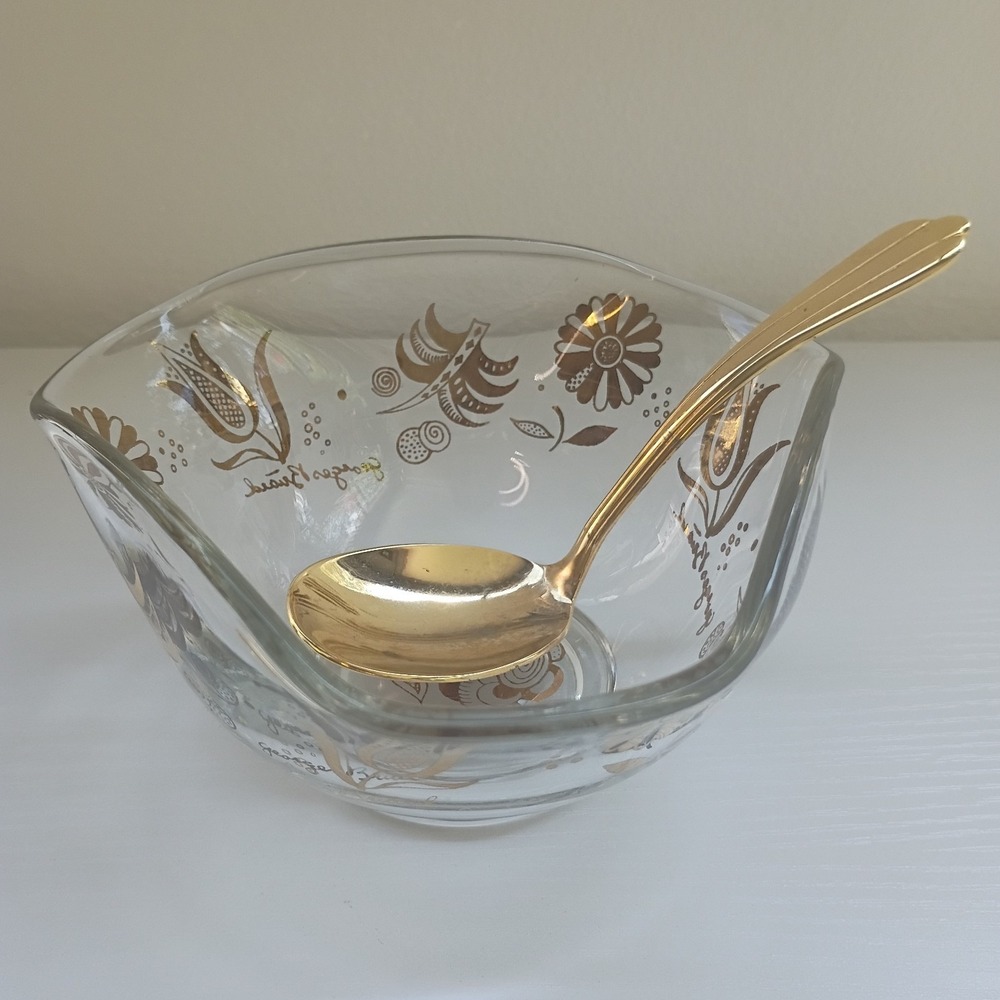 MCM Georges Briard Gold Floral Glass Bowl Jacobean Flowers W/ Gold Spoon - Picture 11 of 16